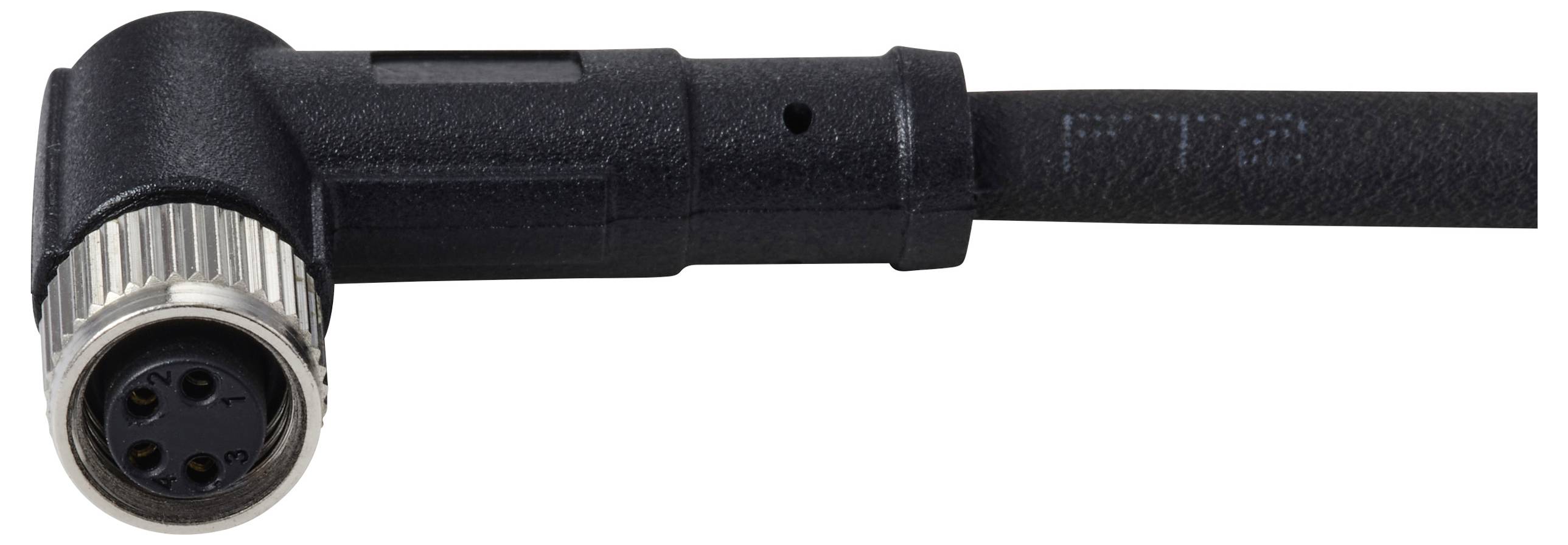 Un gros plan d'un connecteur électrique noir à angle droit avec un anneau métallique, montrant quatre petits trous pour les broches. Attaché à un câble noir.