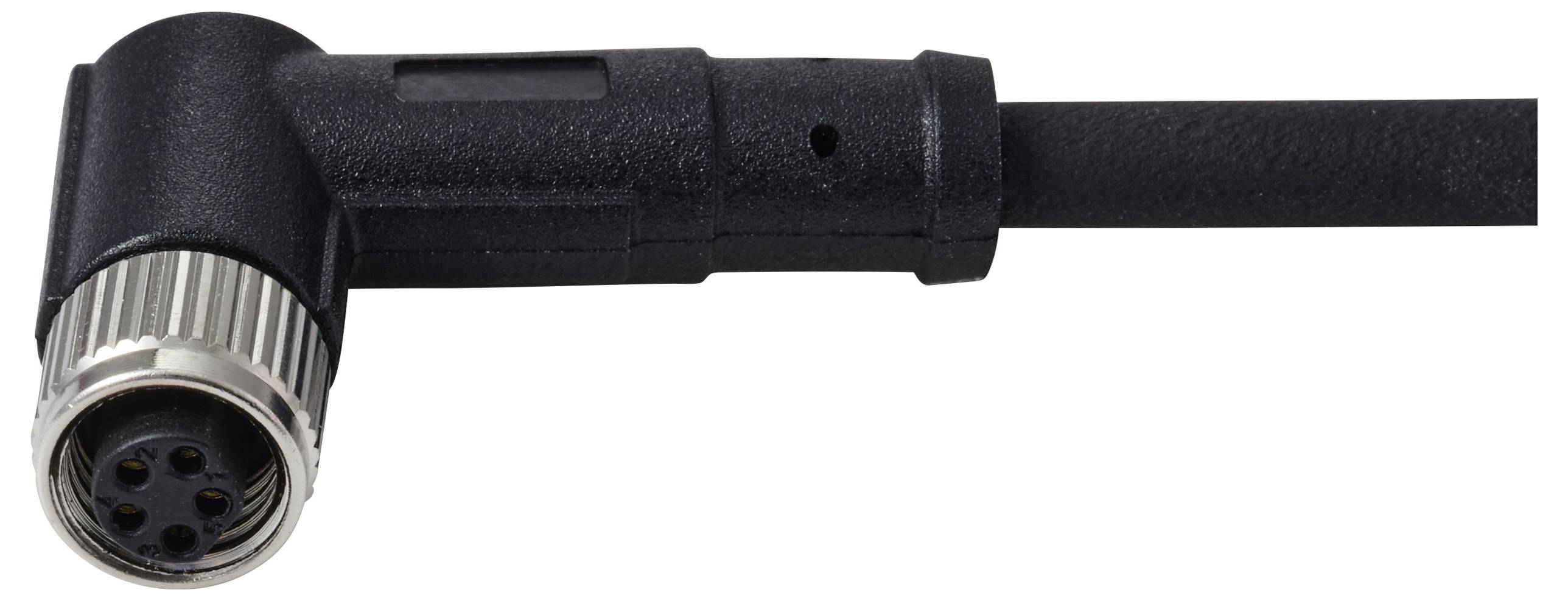 Un câble connecteur industriel noir et anguleux avec une extrémité filetée métallique, présentant quatre trous de broche pour la connectivité.