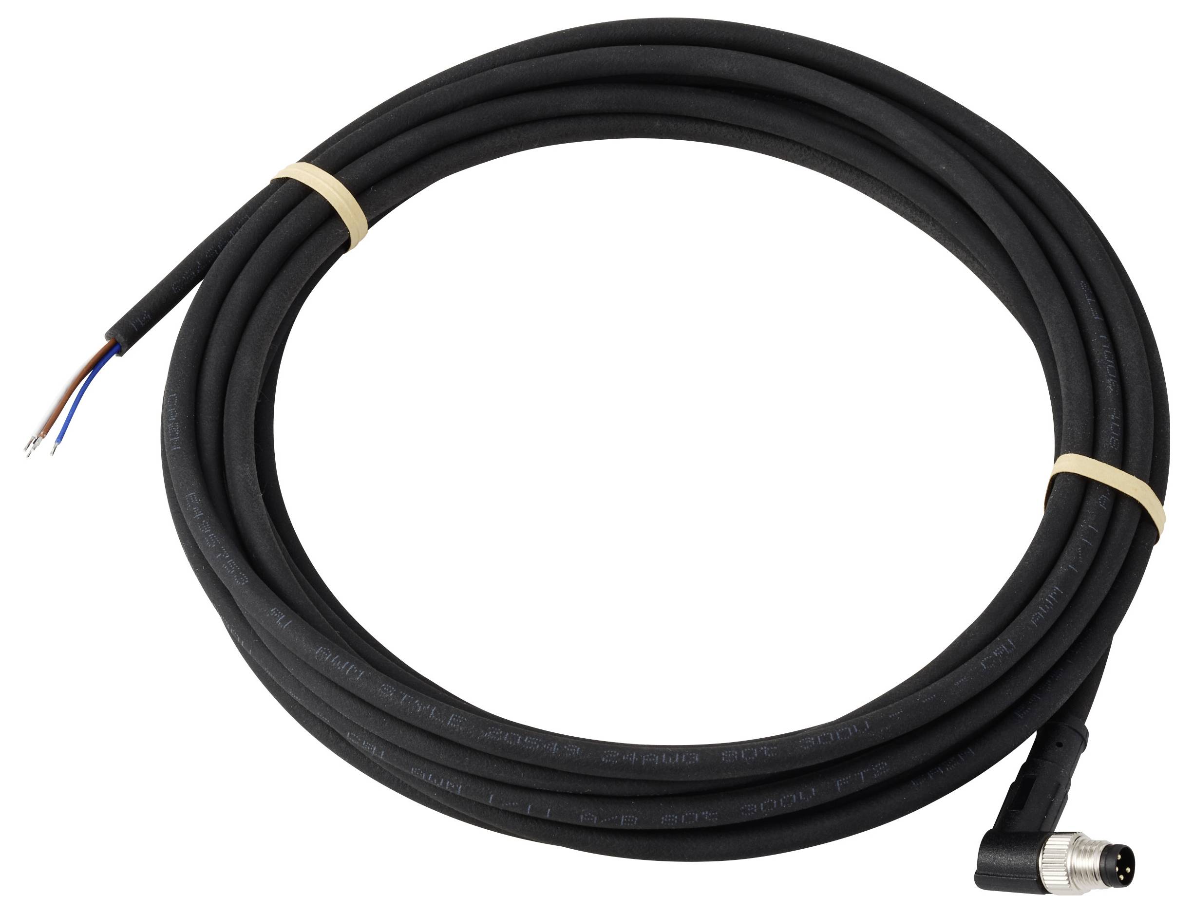 Un câble noir enroulé avec des fils dénudés à une extrémité et un connecteur à angle droit à l'autre, maintenu par des bracelets en caoutchouc de couleur tan.