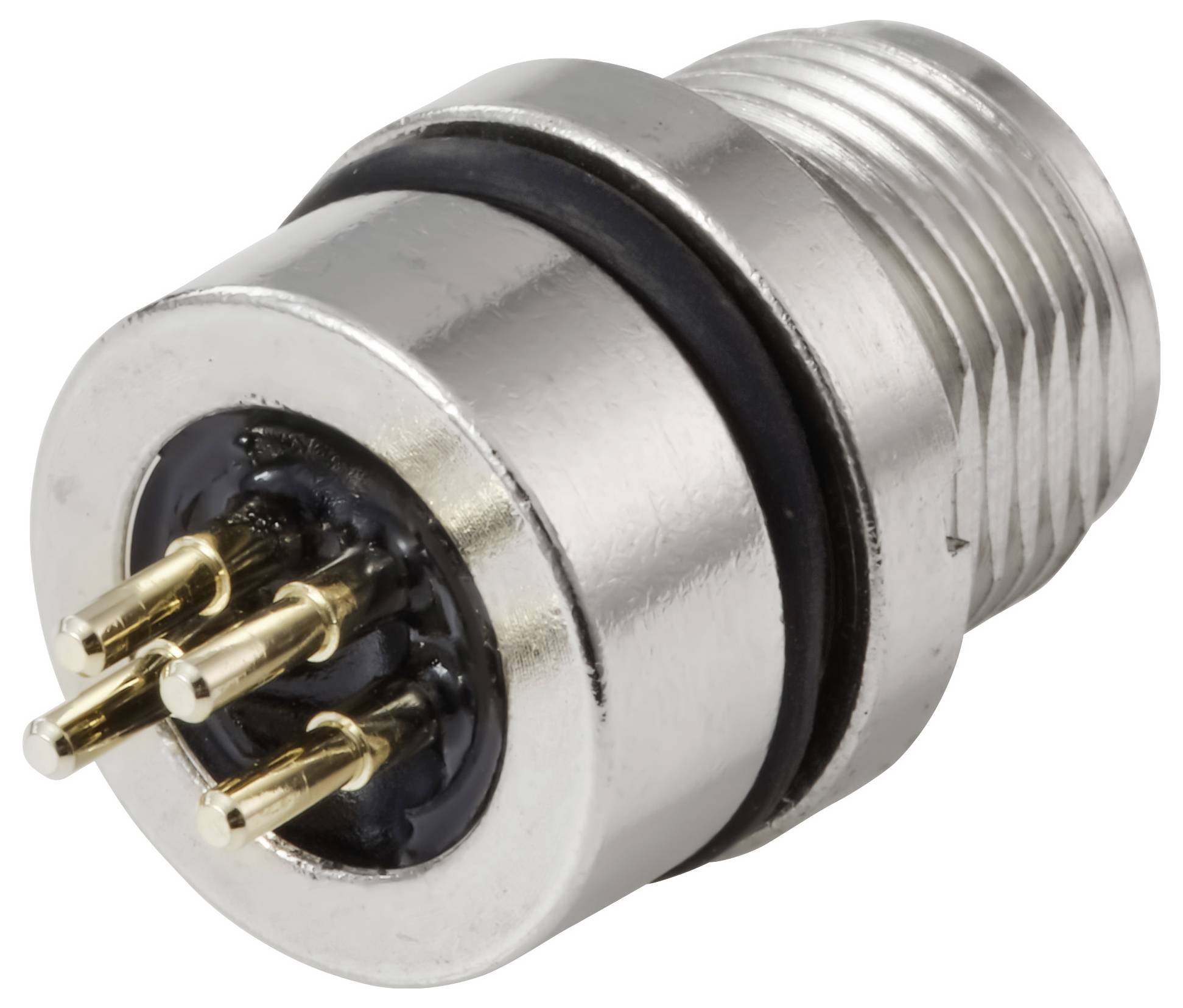 Connecteur métallique doté de quatre broches en or et d'une base filetée, utilisé pour les connexions électriques.