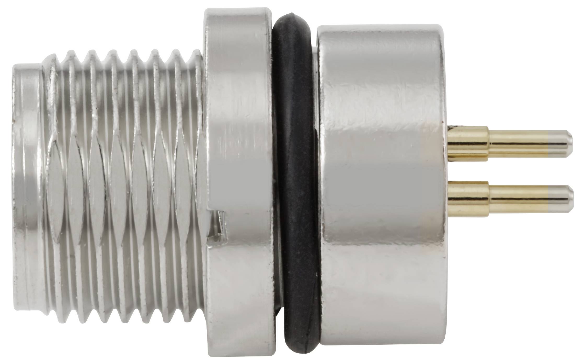 Un connecteur électrique cylindrique en métal avec deux broches dorées sortant d'une extrémité et un corps strié, conçu pour un attachement sécurisé.