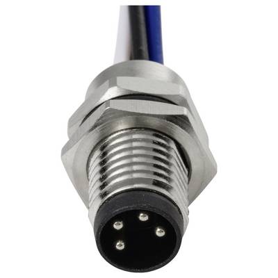 Gros plan d'un connecteur cylindrique métallique avec une extrémité filetée et quatre emplacements pour broches, relié à un câble.