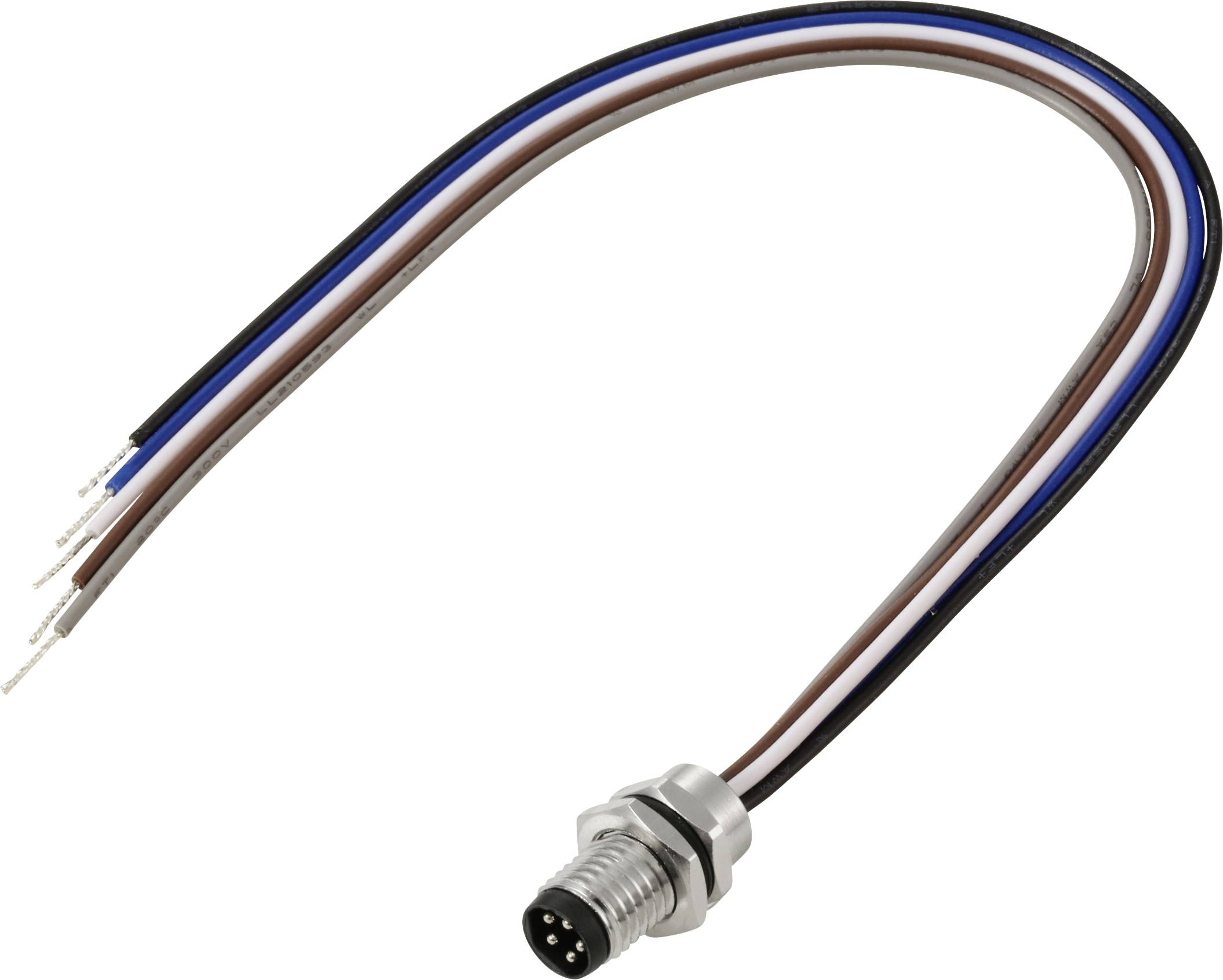 Un câble avec un connecteur métallique à 4 broches à une extrémité et quatre fils apparents - noir, marron, bleu et blanc - à l'autre extrémité pour les connexions électriques.