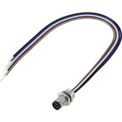 Un câble avec un connecteur métallique à 4 broches à une extrémité et quatre fils apparents - noir, marron, bleu et blanc - à l'autre extrémité pour les connexions électriques.