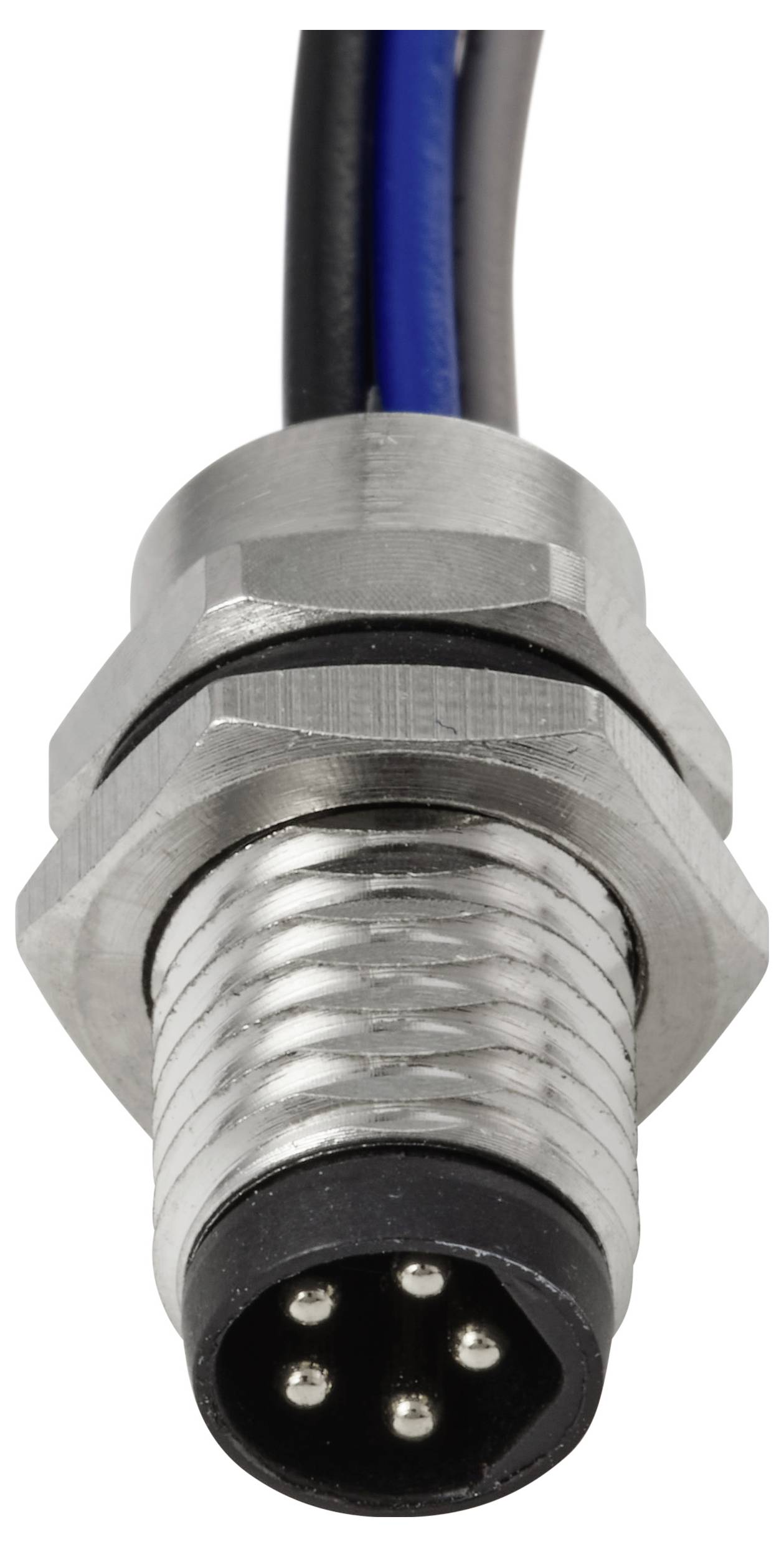 Un connecteur circulaire métallique à 4 broches avec un mécanisme de verrouillage fileté, relié à des fils électriques noirs et bleus.