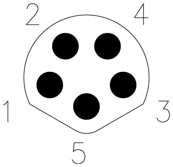 Schéma d'un connecteur circulaire à 5 broches, numérotées de 1 à 5 autour des broches.