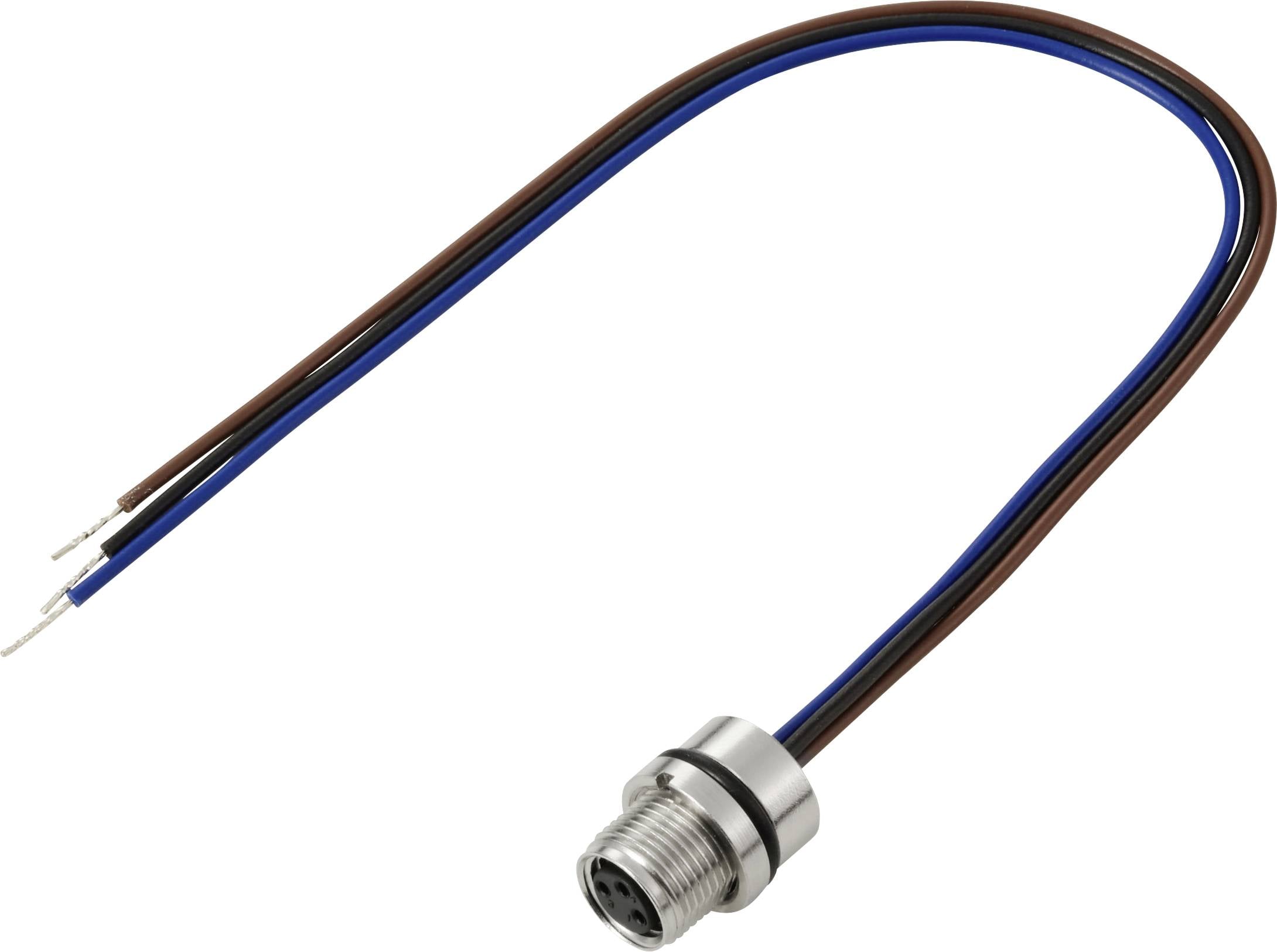 Un connecteur circulaire à 4 broches avec des fils marron et bleu attachés, utilisé pour les connexions électriques.