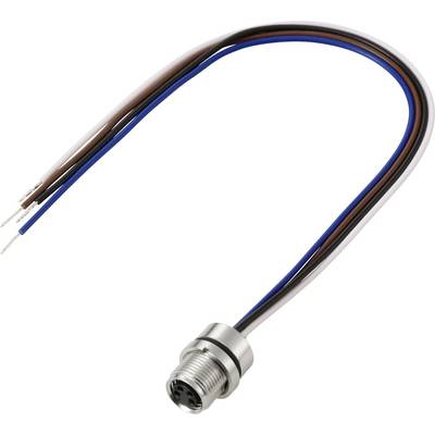 Un connecteur métallique avec trois fils de couleurs : marron, bleu et noir, s'étendant à partir de celui-ci, utilisé pour connecter des composants électroniques.