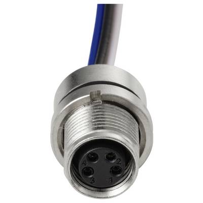 « Un connecteur métallique circulaire à quatre broches avec un écrou de couplage fileté et des fils bleu, blanc et noir sortant de l'arrière. »