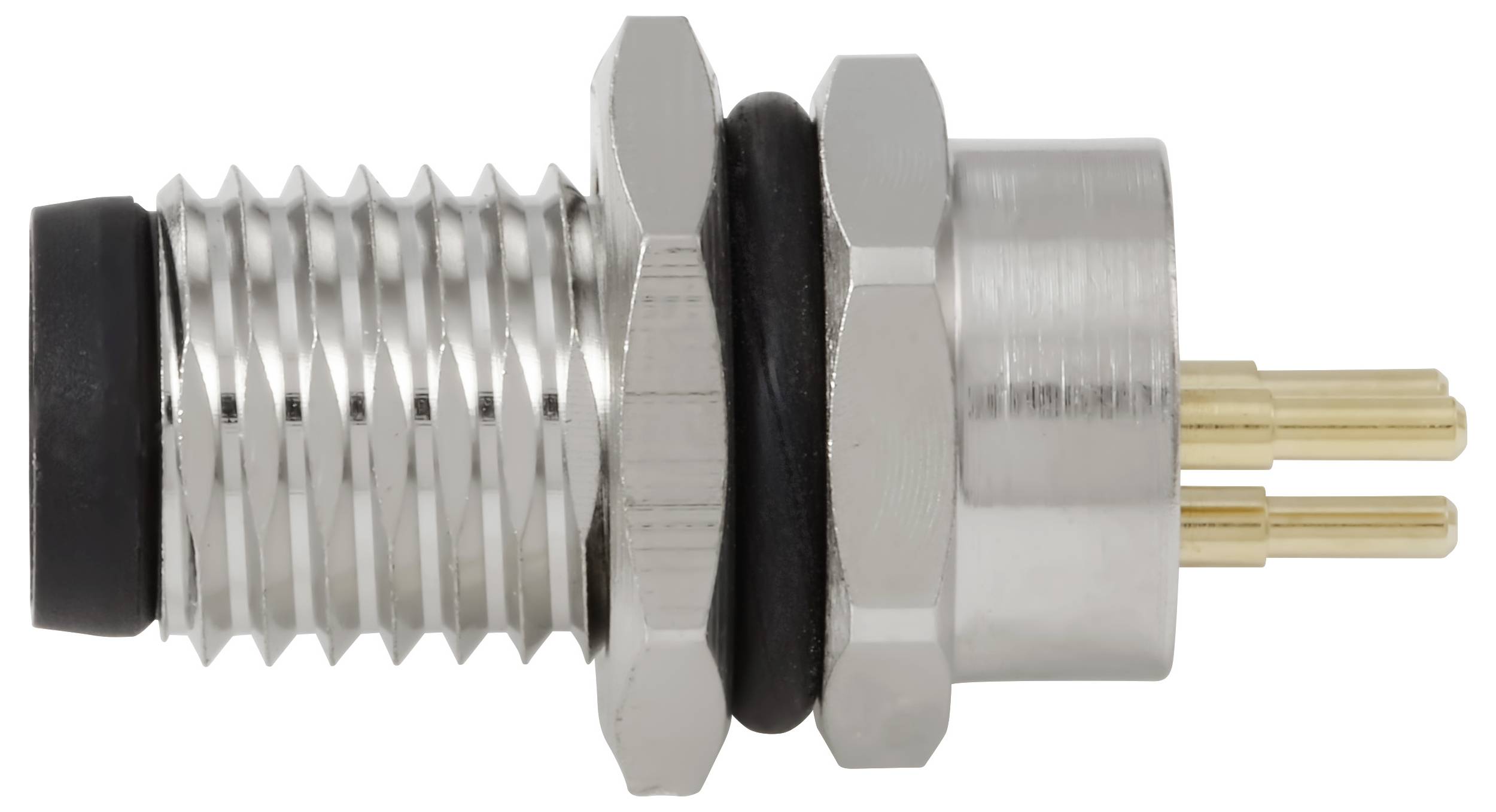Un gros plan d'un connecteur cylindrique en métal avec plusieurs broches dorées et des joints en caoutchouc noir, conçu pour un usage électronique ou industriel.