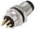 Un connecteur électrique cylindrique en métal équipé de quatre broches en or et d'un joint en caoutchouc noir, utilisé pour des connexions de câbles fiables.