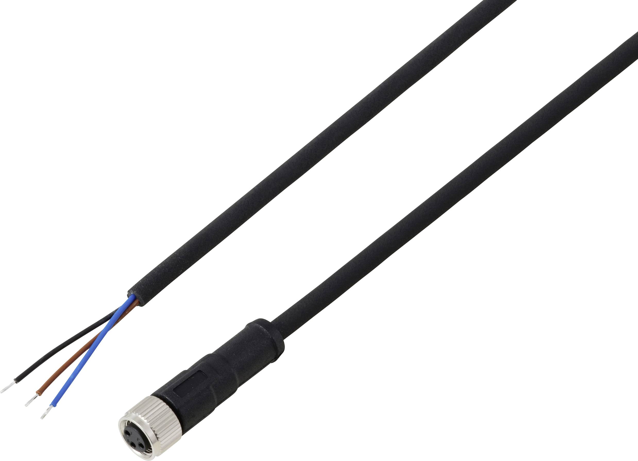 Un câble électrique noir avec une extrémité présentant un connecteur à 4 broches et l'autre extrémité montrant des fils dénudés : rouge, bleu, noir et blanc.