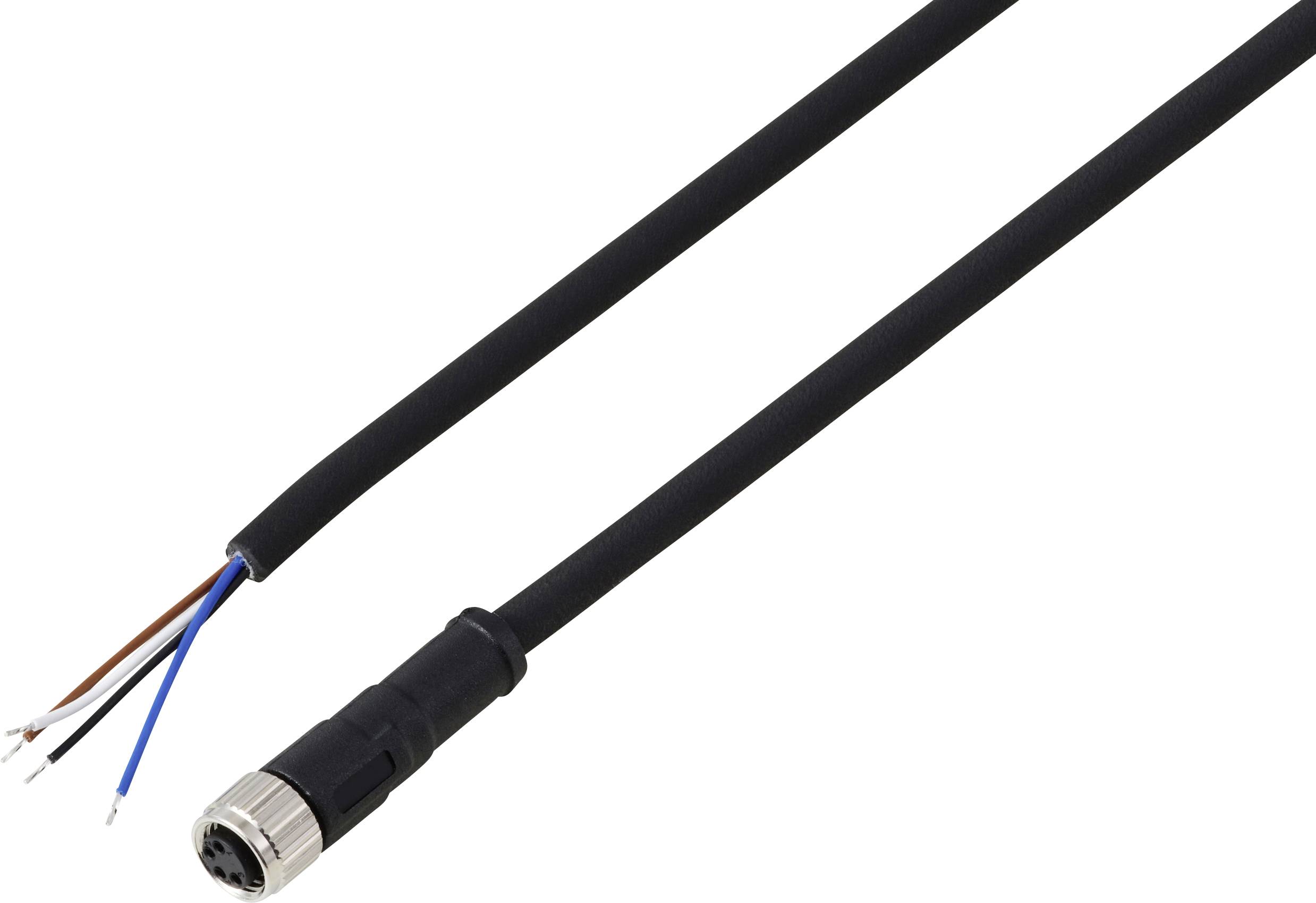 Un câble noir présentant un connecteur métallique à une extrémité et des fils dénudés—rouge, bleu, blanc et cuivre—à l'autre extrémité.
