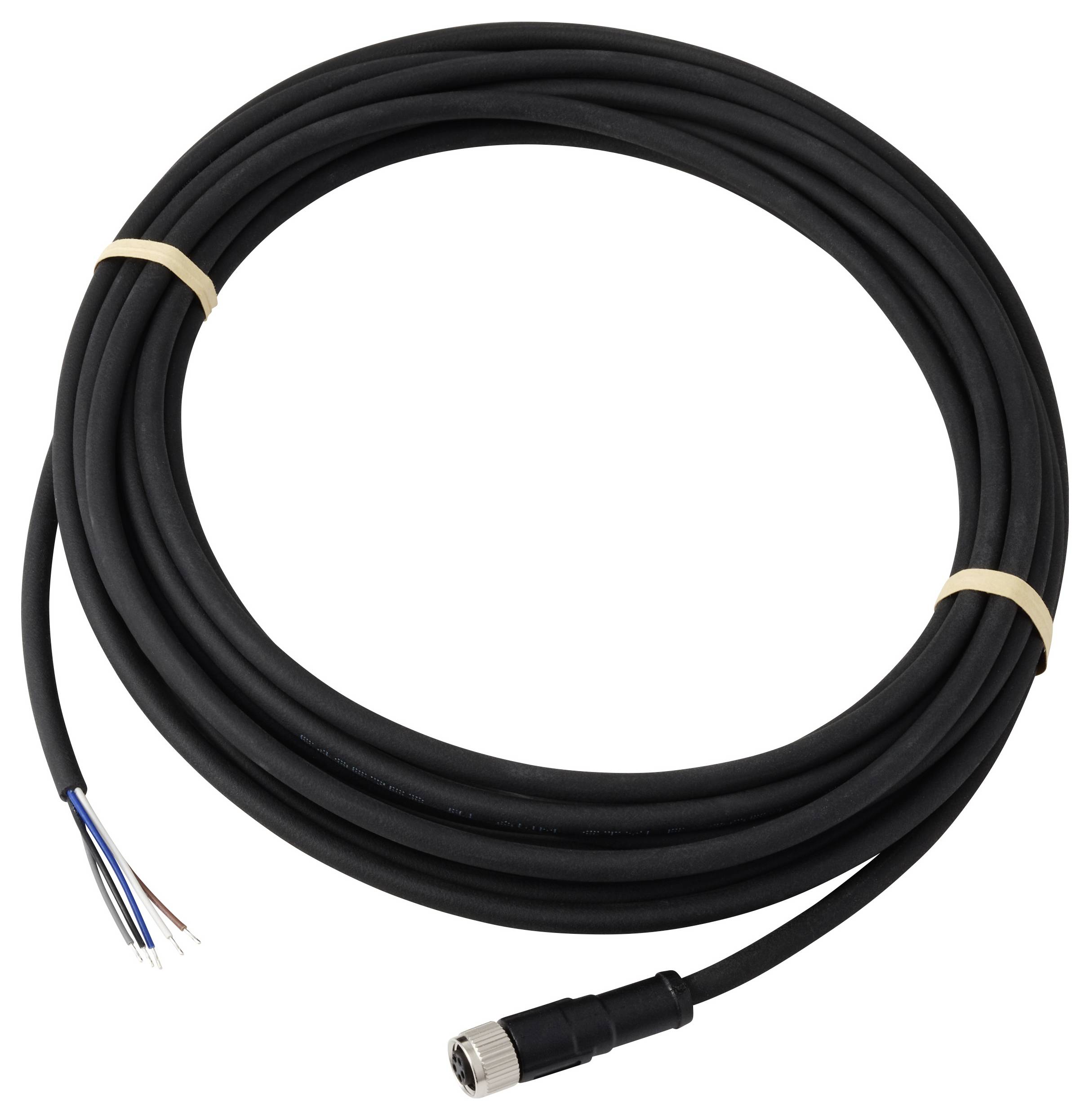 Un long câble noir et enroulé, muni d'un connecteur métallique à une extrémité et de fils dénudés à l'autre, maintenu par des bandes de caoutchouc beige.