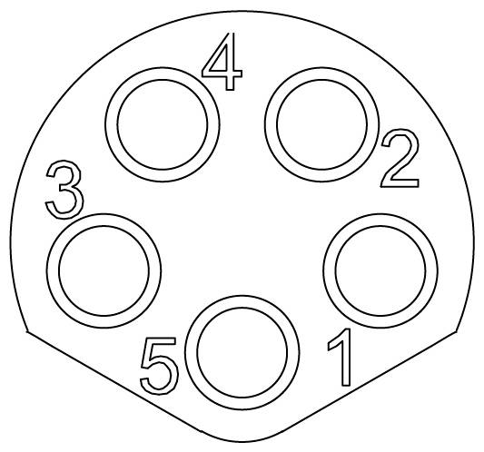 Schéma d'un connecteur circulaire avec cinq emplacements de broches numérotés disposés en motif pentagonal, étiquetés dans le sens des aiguilles d'une montre : 4, 2, 1, 5, 3.