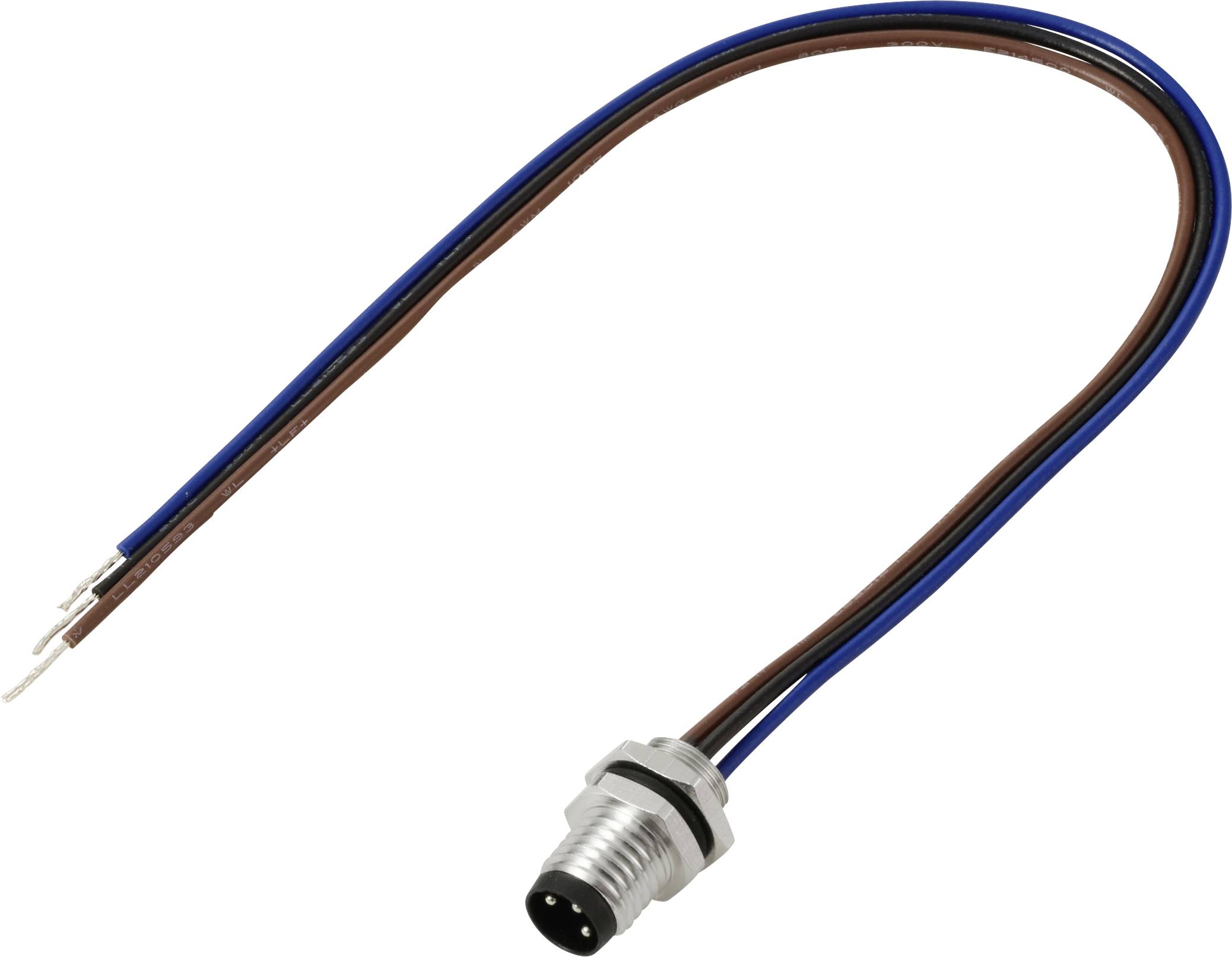 Un connecteur de capteur métallique à trois broches est câblé avec un câble marron et bleu, utilisé pour la connexion à des équipements industriels.
