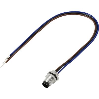 Un connecteur de capteur métallique à trois broches est câblé avec un câble marron et bleu, utilisé pour la connexion à des équipements industriels.