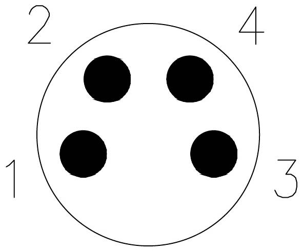 Cercle avec quatre points noirs à l'intérieur ; points numérotés à l'extérieur : 1 en bas à gauche, 2 en haut à gauche, 3 en bas à droite, 4 en haut à droite.