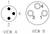 Schéma de connecteur avec deux vues : la vue A montre trois cercles pleins étiquetés 1, 3, 4. La vue B montre trois cercles vides étiquetés 1, 3, 4.