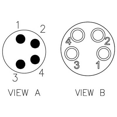 Schéma montrant un connecteur à 4 broches. La vue A illustre les trous de la prise numérotés de 1 à 4. La vue B montre les positions correspondantes des broches numérotées de 1 à 4.