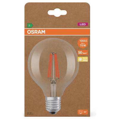 Emballage pour une ampoule LED OSRAM, montrant une ampoule de style Edison transparente avec culot E27, équivalent 5W/75W, 1055 lumens, blanc chaud, 50 000 heures, classe énergétique A.