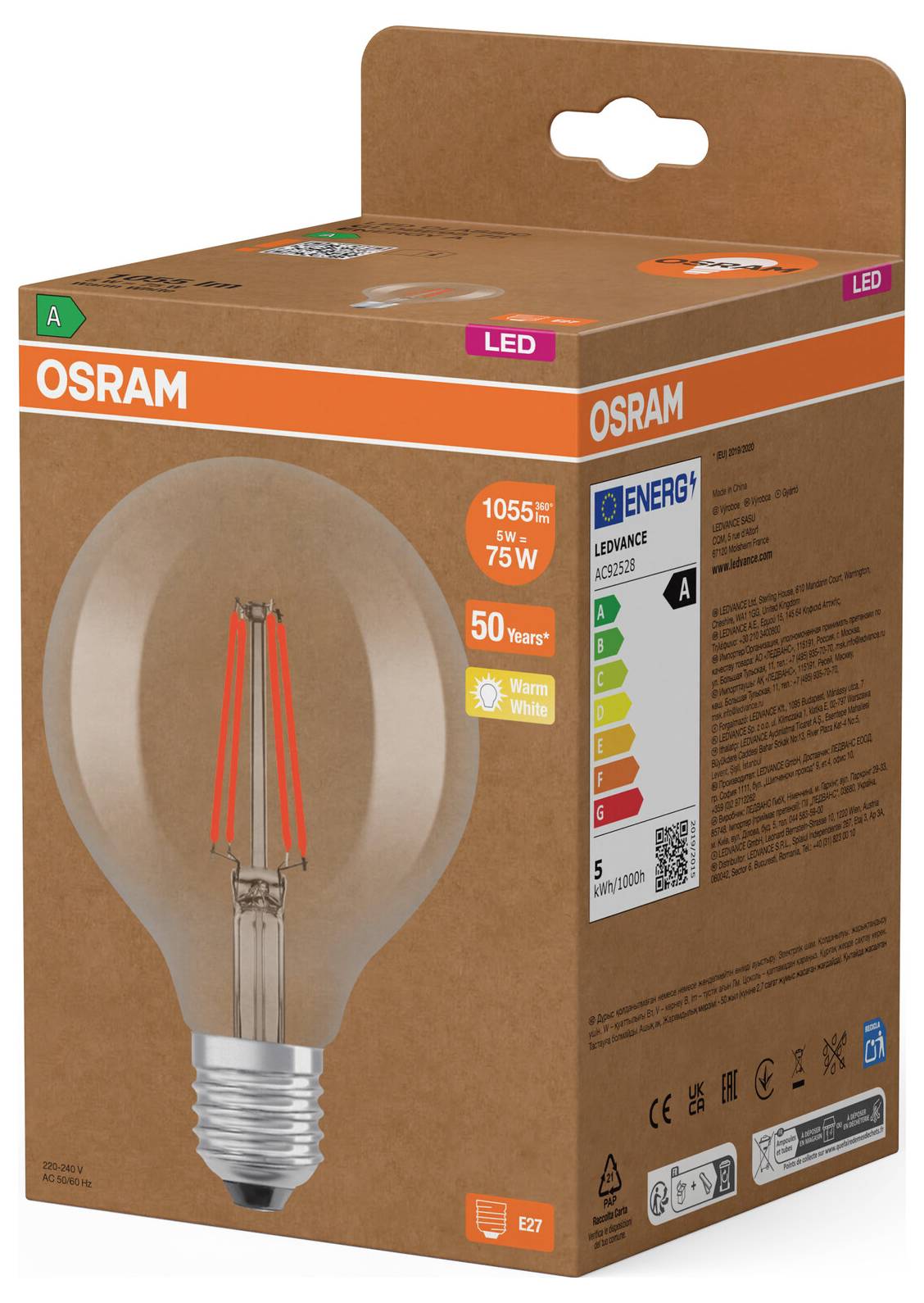 Boîte de vente au détail d'ampoule LED OSRAM, montrant une ampoule blanc chaud équivalent 75W de 1055 lm avec étiquette énergétique et culot E27.
