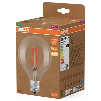 Boîte d'ampoule LED OSRAM avec une image d'ampoule visible, 1055 lm, équivalent 75 W, blanc chaud, et étiquette d'efficacité énergétique A.