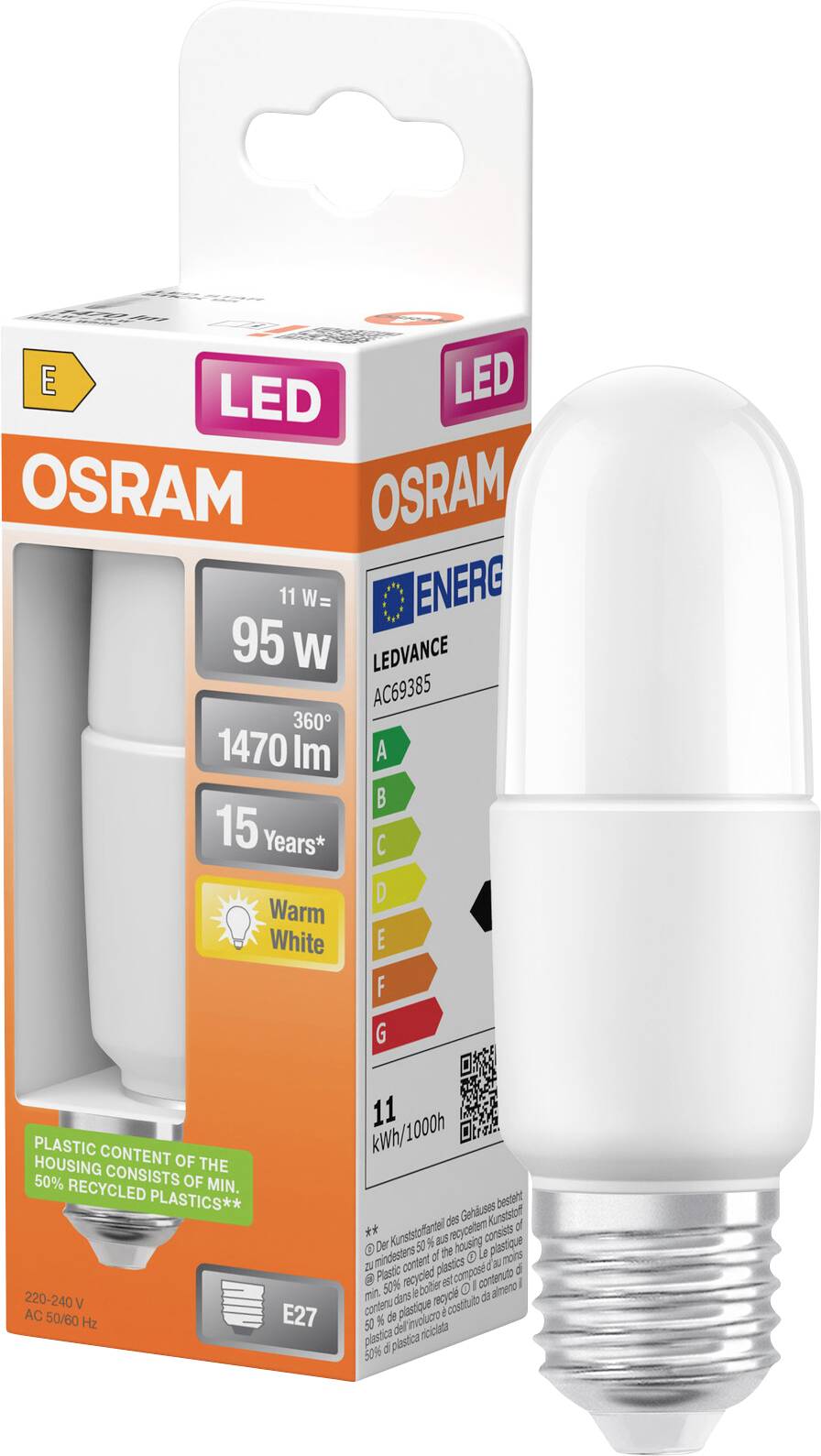Ampoule LED OSRAM dans son emballage, 11W équivalent à 95W, blanc chaud, culot E27, étiquette d'efficacité énergétique visible.