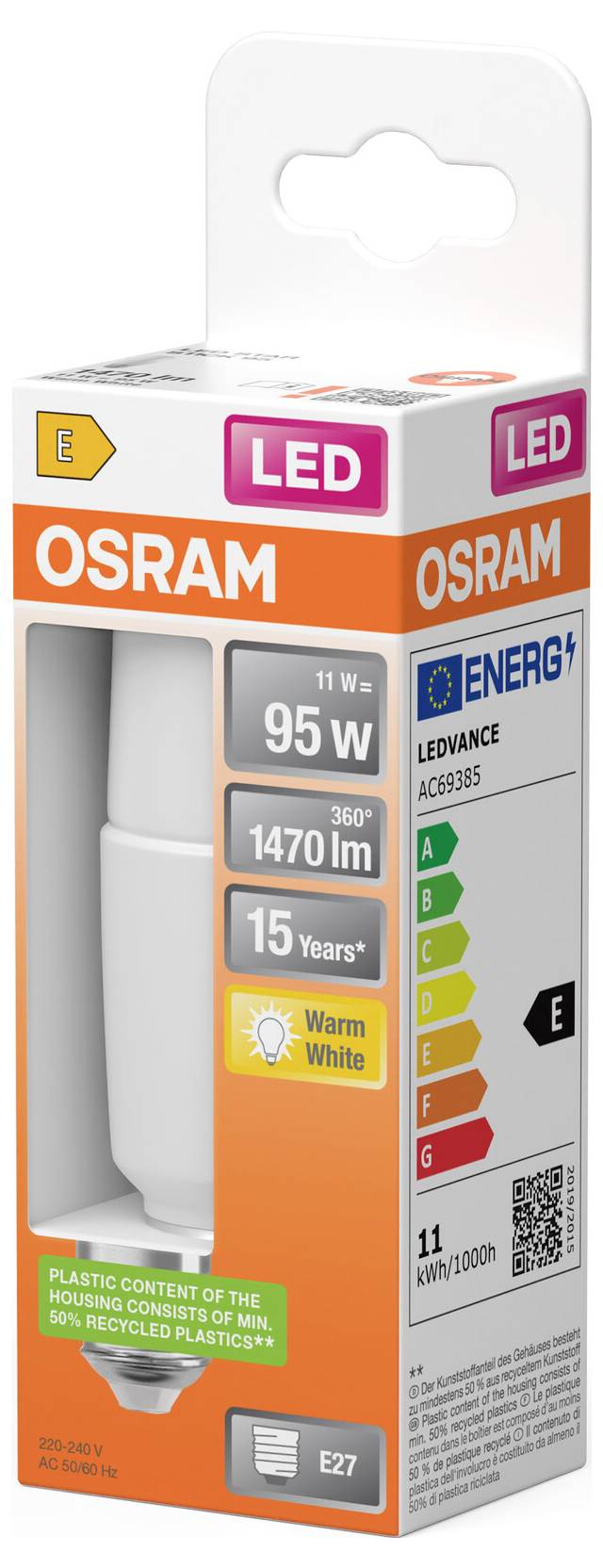 Boîte d'ampoule LED OSRAM montrant une ampoule équivalente 95 W, 1470 lm, blanc chaud, culot E27, durée de vie 15 ans, et classement énergétique E.