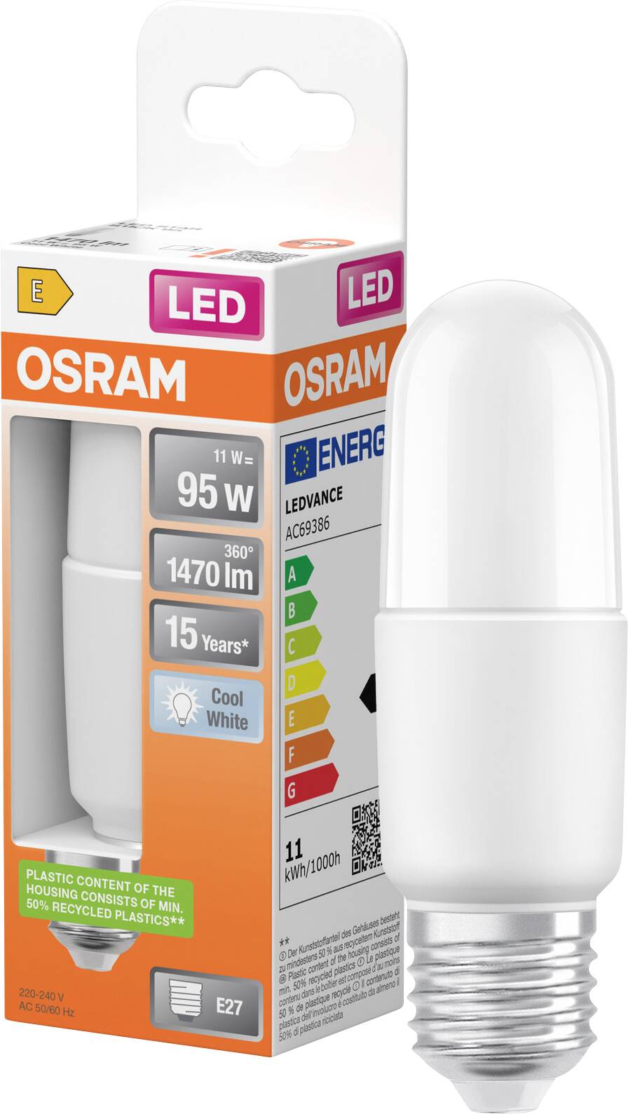 OSRAM HOMELIGHTING 4099854480416 LED CEE E (A - G) E27 forme de bâton 11 W blanc froid 1 pc(s)