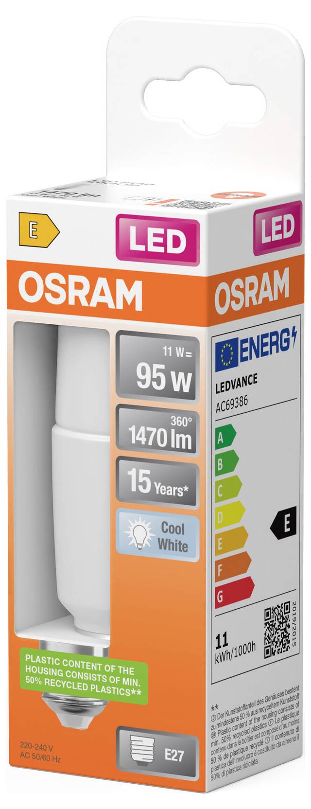 Emballage d'ampoule LED OSRAM, montrant une ampoule équivalente à 95W avec 1470 lm, blanc froid, culot E27, 11 kWh/1000h, et étiquette énergétique E.