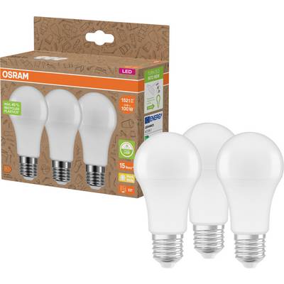 Image produit de trois ampoules LED OSRAM présentées à côté de leur boîte de vente au détail, étiquetées 15,2 W et équivalent 100 W avec culot E27 et jusqu'à 15 ans de durée de vie.