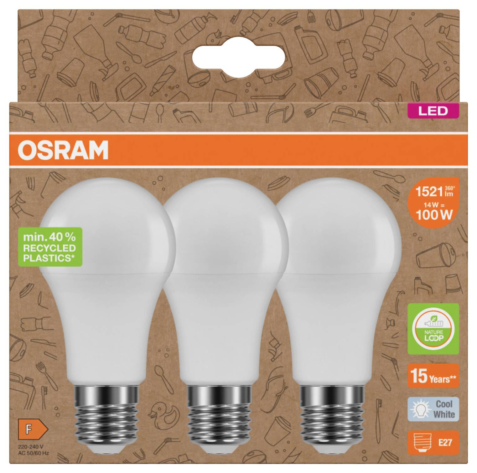 Emballage pour trois ampoules LED OSRAM, étiqueté 14W = 100W, 1521 lumens, blanc froid, E27, contenant 40% de plastiques recyclés et affichant une durée de vie garantie de 15 ans.