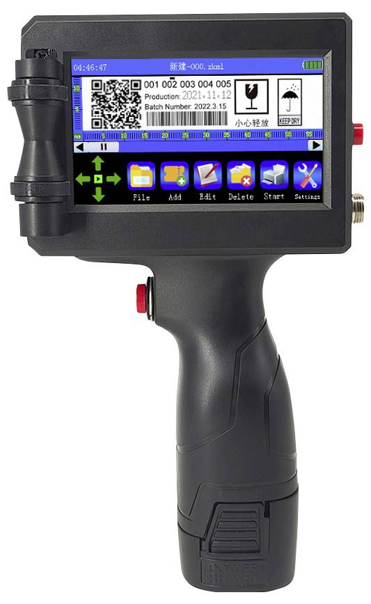 Un dispositif d'impression portable doté d'un écran tactile couleur affichant une interface utilisateur et un code QR. Différentes icônes de fonction sont visibles.