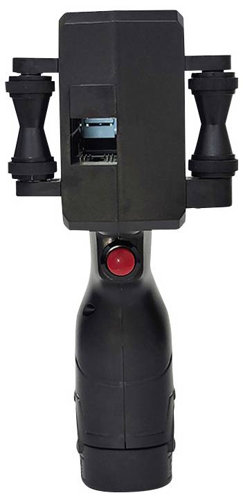 Un appareil portable noir avec des boutons et un emplacement d'écran visible, possiblement utilisé pour scanner ou à des fins de lecture électronique.