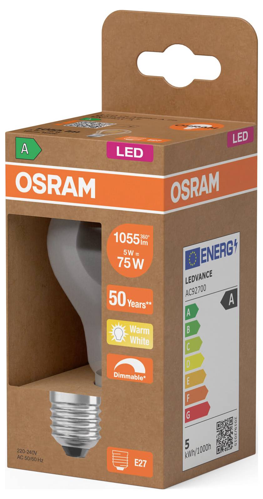 Boîte de vente au détail d'ampoule LED OSRAM avec blanc chaud, gradable, remplacement 75W, culot E27, 1055 lumens et étiquette énergétique EU classe A.