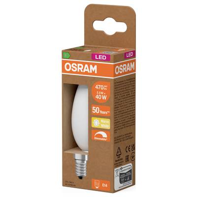 Boîte d'ampoule LED OSRAM, montrant une ampoule E14 blanc chaud, dimmable, équivalent 40W, 470 lm.