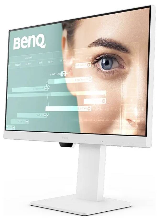 Un moniteur de bureau blanc affichant un œil avec un habillage de graphiques transparents, présentant le nom de marque 'BenQ' dans le coin supérieur gauche.
