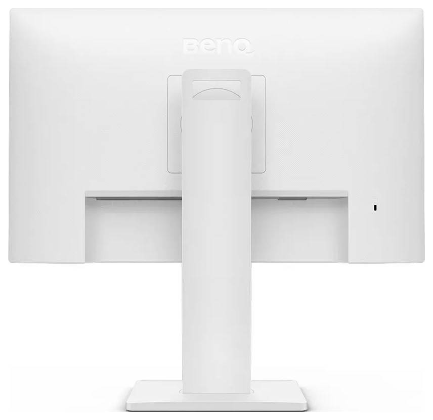 Vue arrière d'un moniteur blanc sur un support, sans contenu à l'écran.