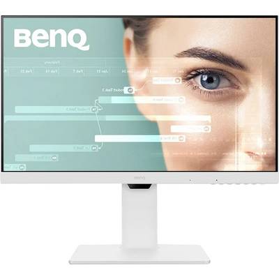 Écran 'BenQ' affichant un gros plan du visage d'une femme avec des superpositions graphiques d'interface numérique, suggérant la technologie et l'innovation.