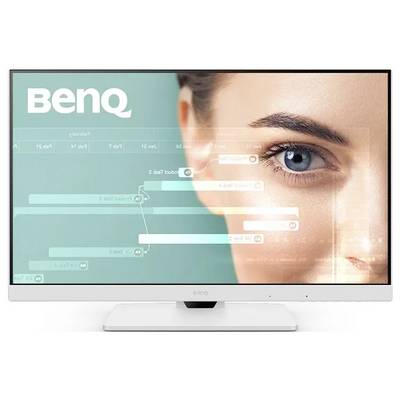 Un écran d'ordinateur BenQ affiche l'image partielle du visage d'une femme avec des diagrammes de flux de données et des éléments technologiques superposés.