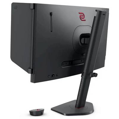 Vue arrière d'un écran de jeu noir avec un support rectangulaire, affichant un logo rouge. Un dispositif de contrôle séparé est placé sur le côté.