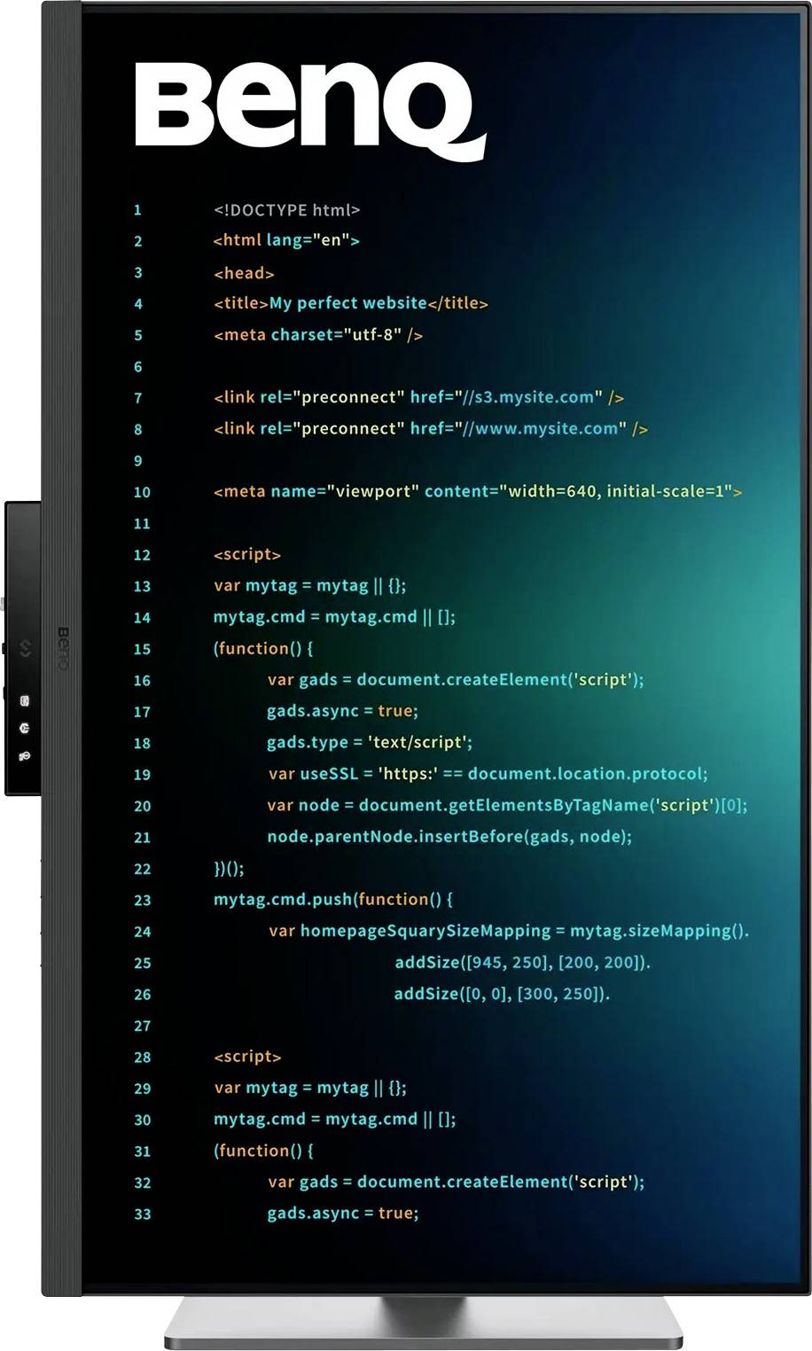 Un écran d'ordinateur affichant du code HTML et JavaScript lié à la création de sites web et à l'intégration de Google Ads. La marque 'BenQ' est visible.