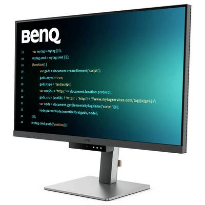 Un écran BenQ affiche du code informatique, présentant une syntaxe JavaScript et une fonction liée à la configuration de Google Ads, sur un fond dégradé.