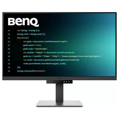 Un moniteur BenQ affichant du code relatif à un script pour des services publicitaires avec des variables et des fonctions sur un fond dégradé bleu-vert.