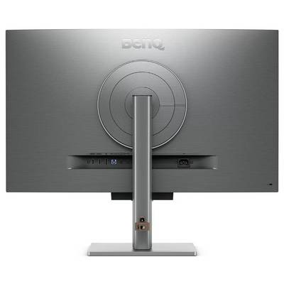 Vue arrière d'un moniteur informatique gris BenQ montrant le socle, le design circulaire à l'arrière et les ports de connectivité.
