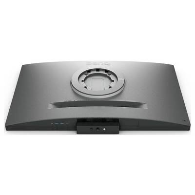 Un moniteur d'ordinateur plat vu de dos, montrant les ports et la zone de montage, avec une surface texturée et un logo de marque en haut.