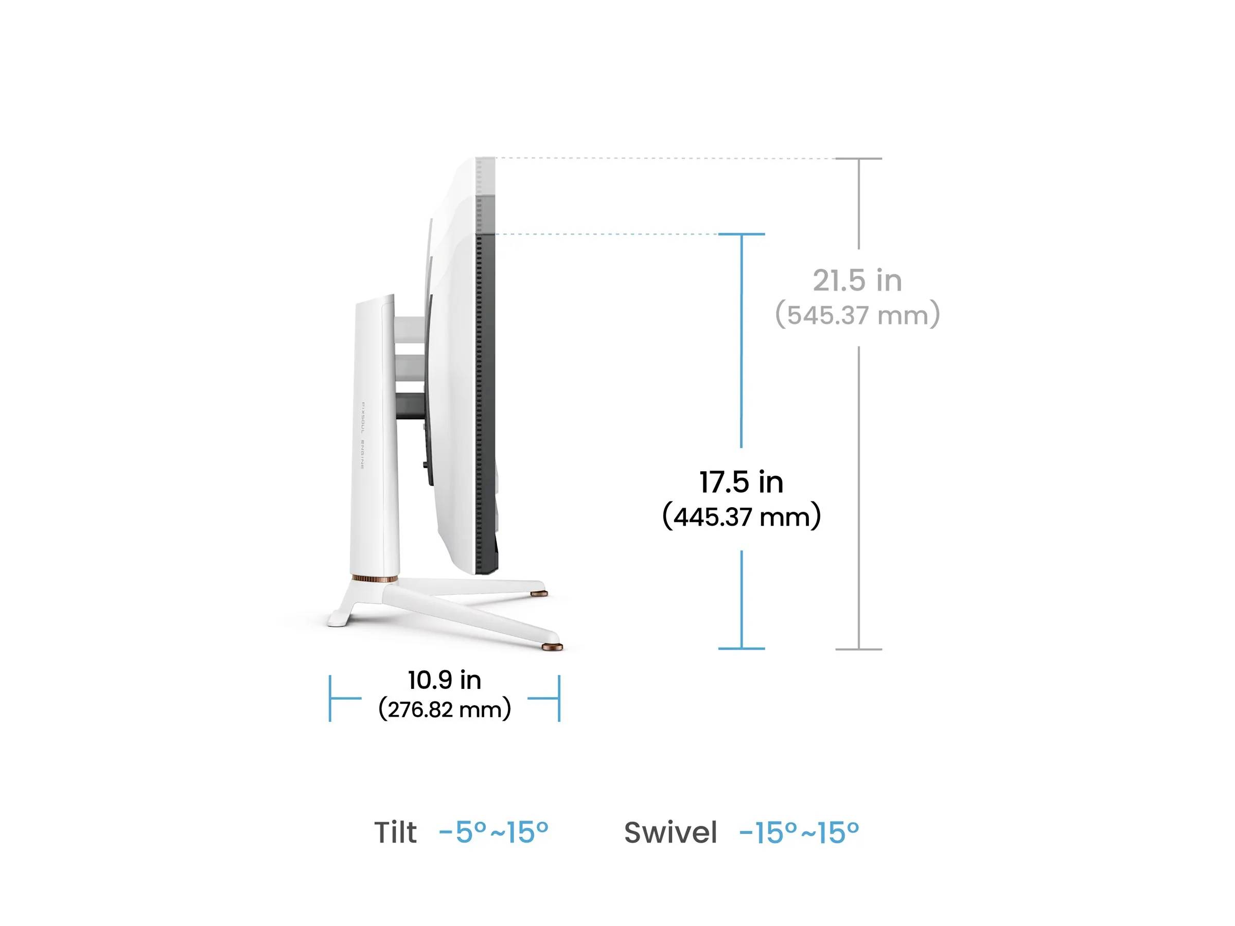 Schéma en vue latérale d'un moniteur montrant les dimensions : hauteur 17,5 pouces, profondeur 10,9 pouces, et plage d'inclinaison/pivotement de -15° à 15°.