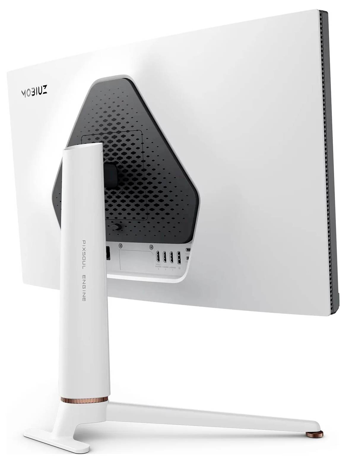 Un moniteur blanc vu de dos, montrant ses ports et son support inclinable, portant la marque 'Mobiuz' dans le coin supérieur gauche.