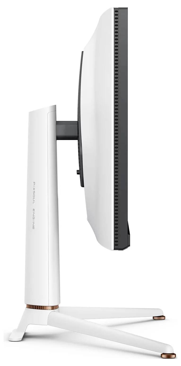 Une vue de côté d'un écran d'ordinateur élégant et moderne avec un cadre fin sur un support minimaliste. Le design est simple et ergonomique.
